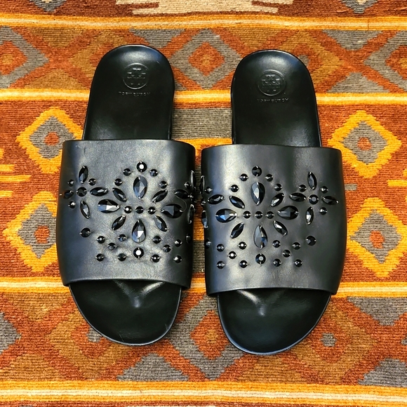 Tory Burch | Shoes | Tory Burch Jeweled Slides 1 Brae Black Leather Embellished Sandal Open Toe 
